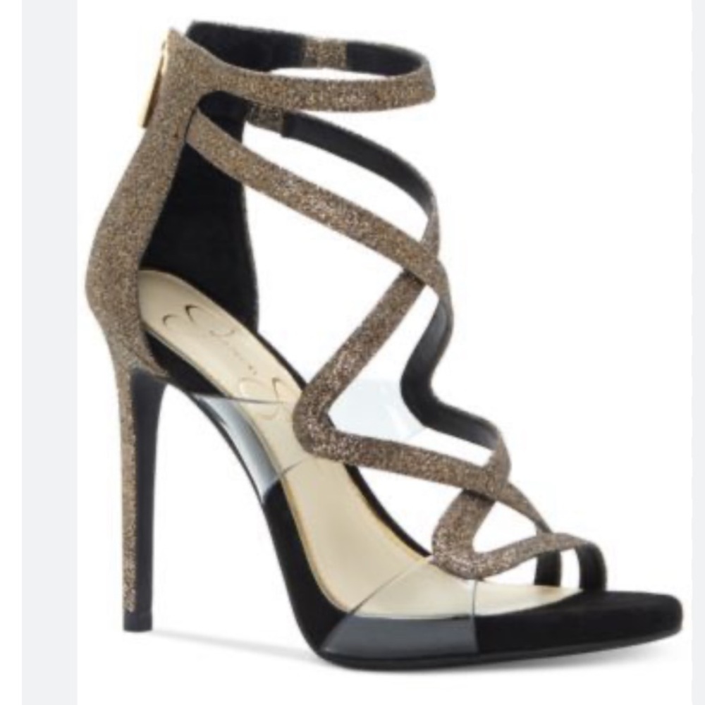 NIB Jessica Simpson Roelyn Black Gold Glitter Strappy Heels 7